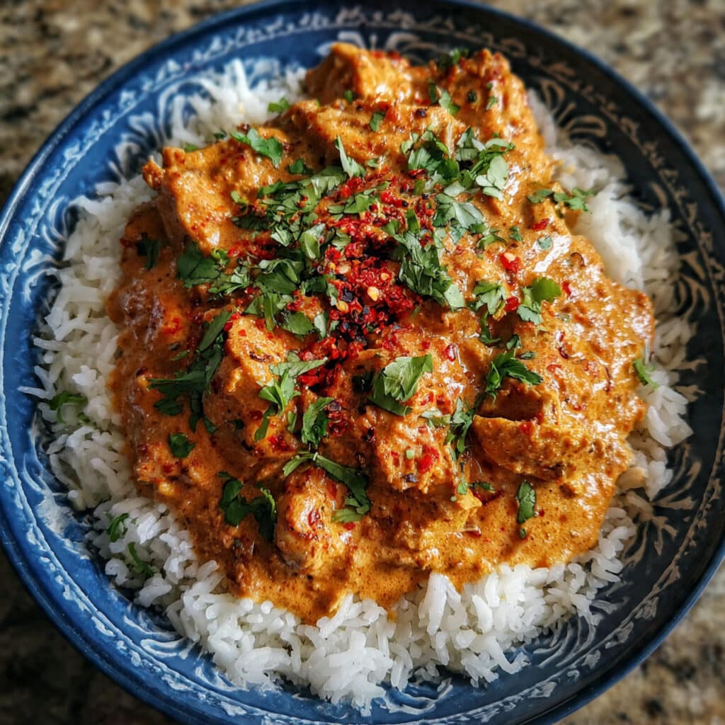Bowl of creamy Indian butter chicken with tender chicken pieces in thick orange-red sauce over white rice, garnished with fresh cilantro leaves