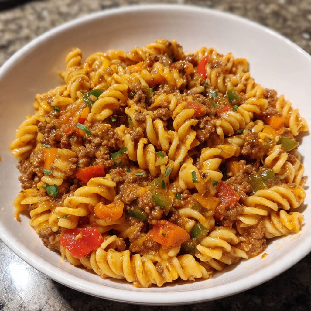 One Pot Beef Taco Pasta - all the bold flavors of taco night meet creamy, cheesy pasta in ONE easy skillet! Ready in 30 minutes.