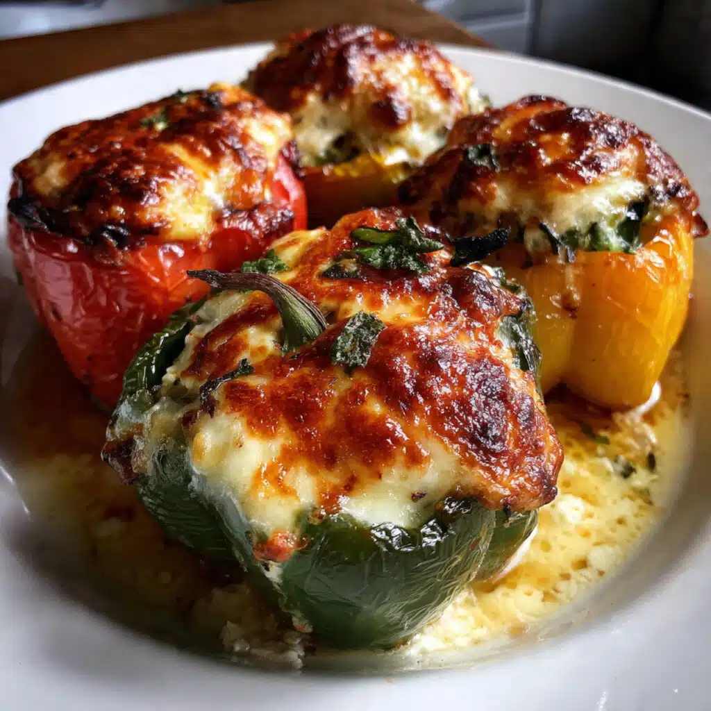 Ricotta Stuffed Peppers are pure comfort food magic! Roasted bell peppers filled with creamy herbed ricotta, three cheeses, and spinach, topped with golden breadcrumbs.