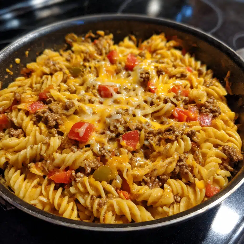 One Pot Beef Taco Pasta - all the bold flavors of taco night meet creamy, cheesy pasta in ONE easy skillet! Ready in 30 minutes.