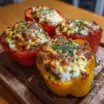 Ricotta Stuffed Peppers are pure comfort food magic! Roasted bell peppers filled with creamy herbed ricotta, three cheeses, and spinach, topped with golden breadcrumbs.
