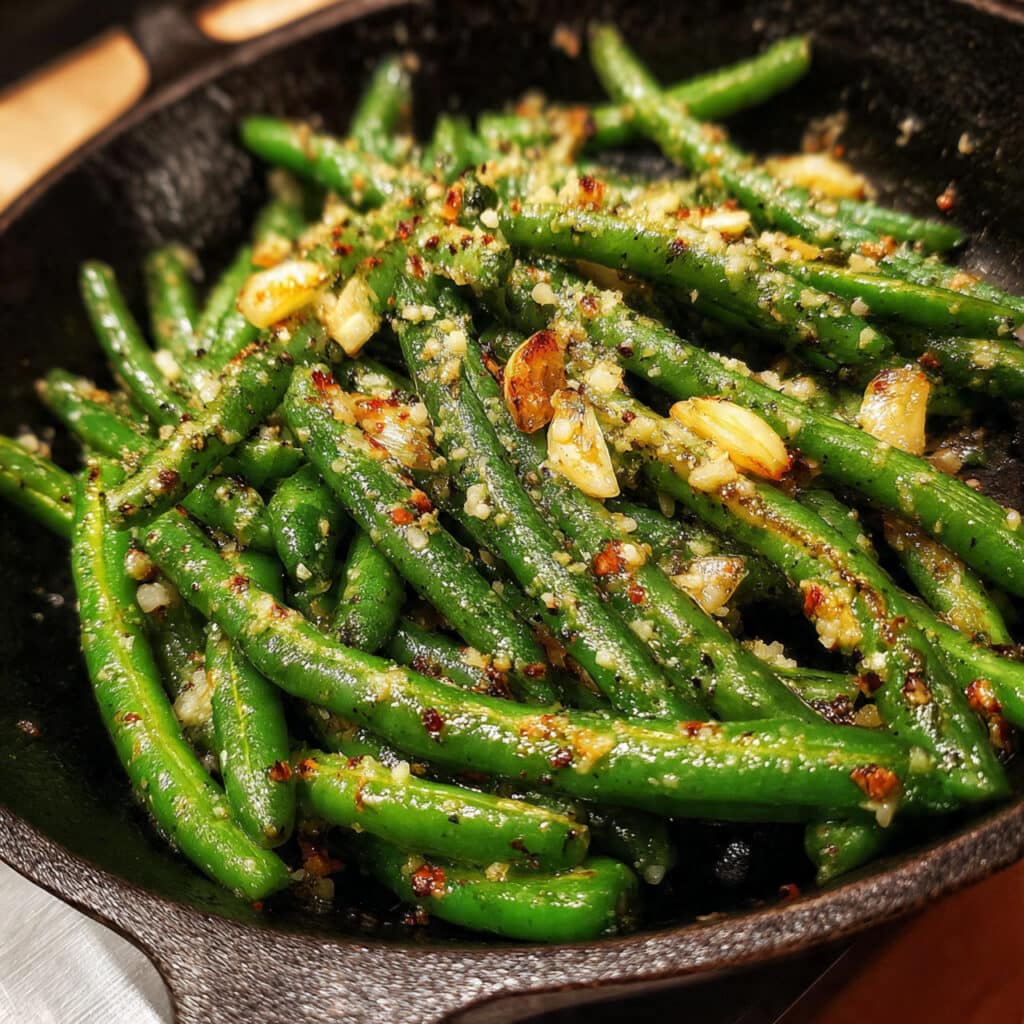 Fresh green beans sautéed in garlic butter and topped with a sprinkle of seasoning.