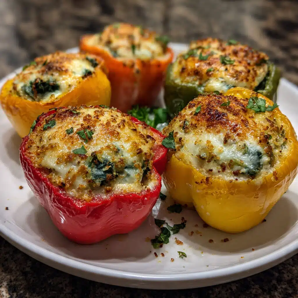 Ricotta Stuffed Peppers are pure comfort food magic! Roasted bell peppers filled with creamy herbed ricotta, three cheeses, and spinach, topped with golden breadcrumbs.