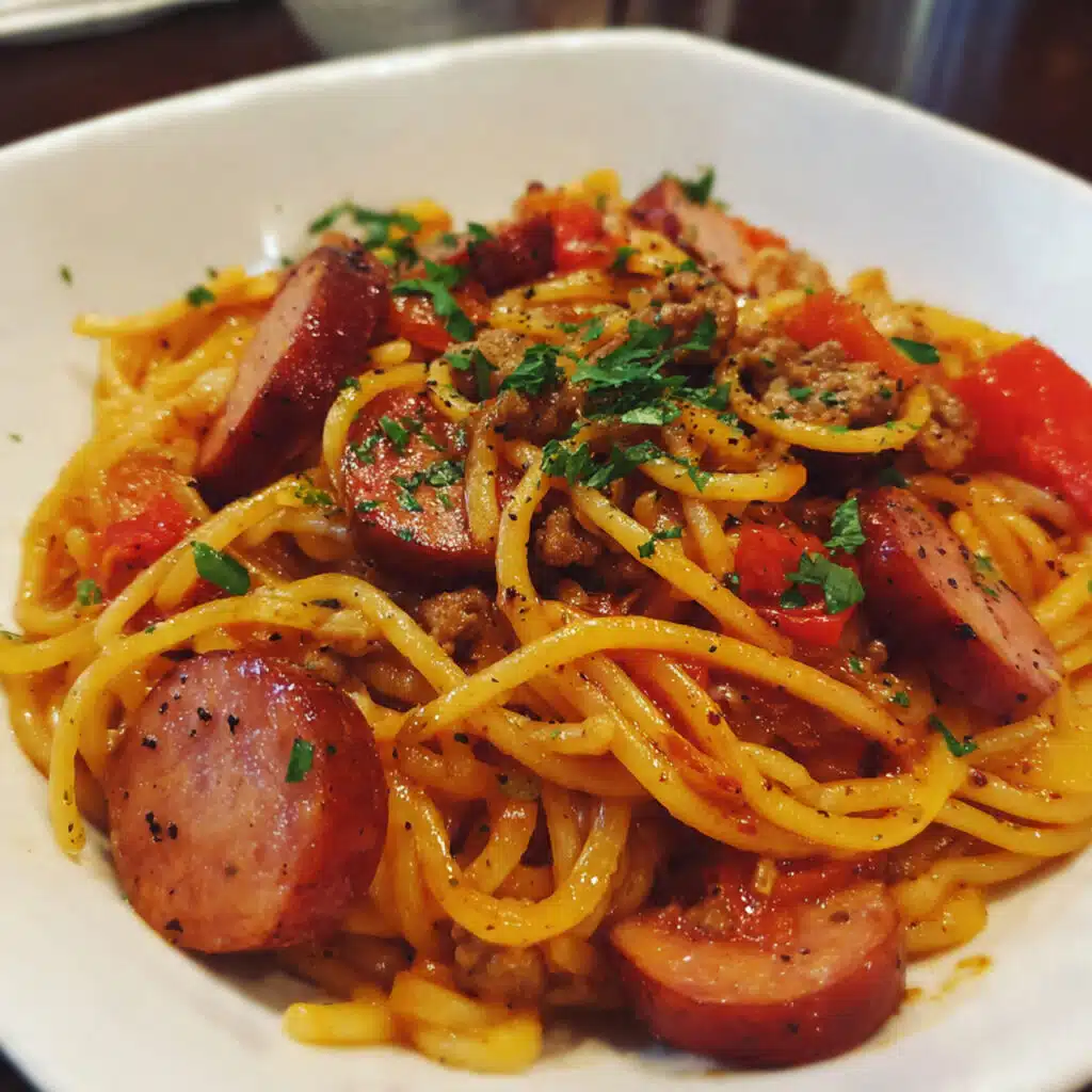 One Pot Cowboy Spaghetti – hearty, meaty, and bursting with flavor! This easy dinner combines bacon, kielbasa, ground beef, and spaghetti all cooked together in one skillet.