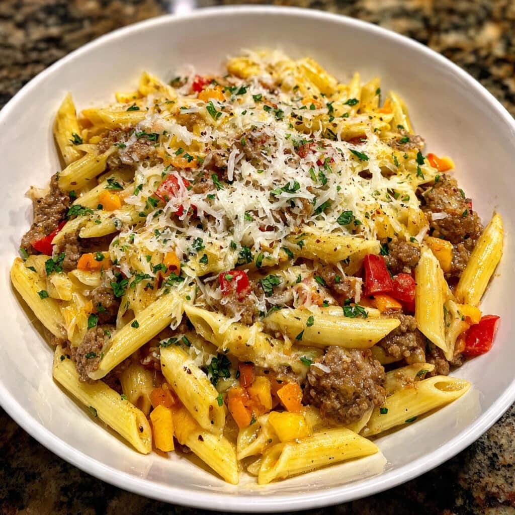 one pot cheesy penne pasta in a cast iron skillet with golden bubbly mozzarella cheese on top, ground beef and vegetables visible throughout the tomato-based sauce, garnished with fresh basil