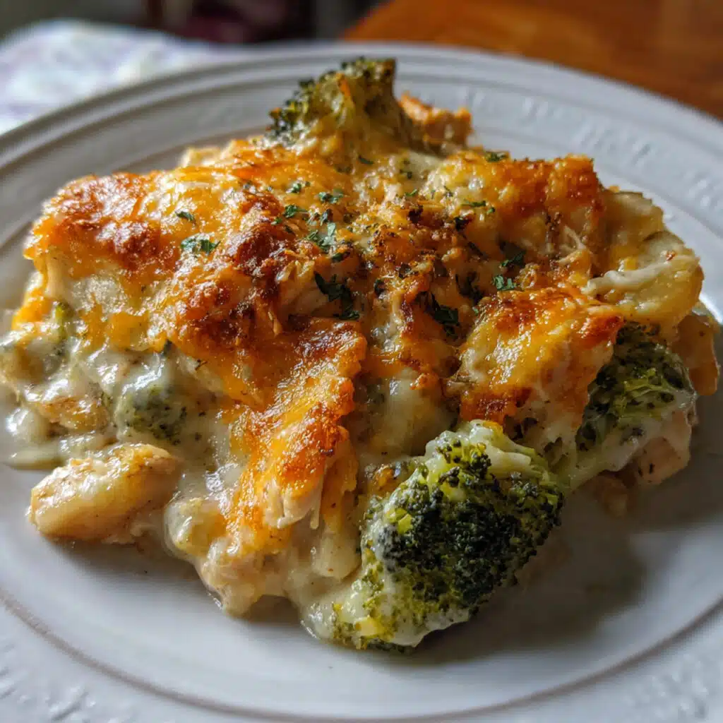 Baked potato chicken and broccoli casserole topped with melted cheese and baked until golden.