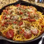 One Pot Cowboy Spaghetti – hearty, meaty, and bursting with flavor! This easy dinner combines bacon, kielbasa, ground beef, and spaghetti all cooked together in one skillet.