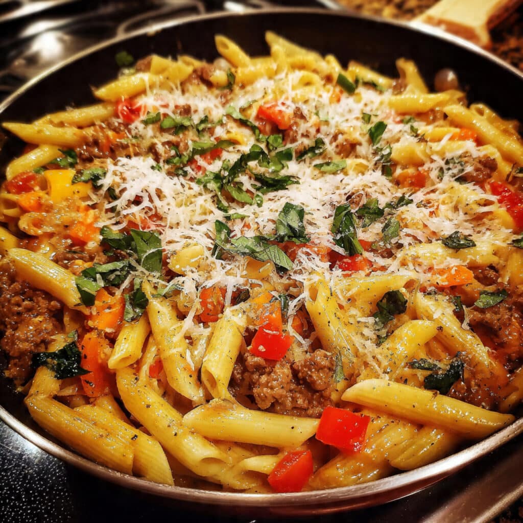 one pot cheesy penne pasta in a cast iron skillet with golden bubbly mozzarella cheese on top, ground beef and vegetables visible throughout the tomato-based sauce, garnished with fresh basil