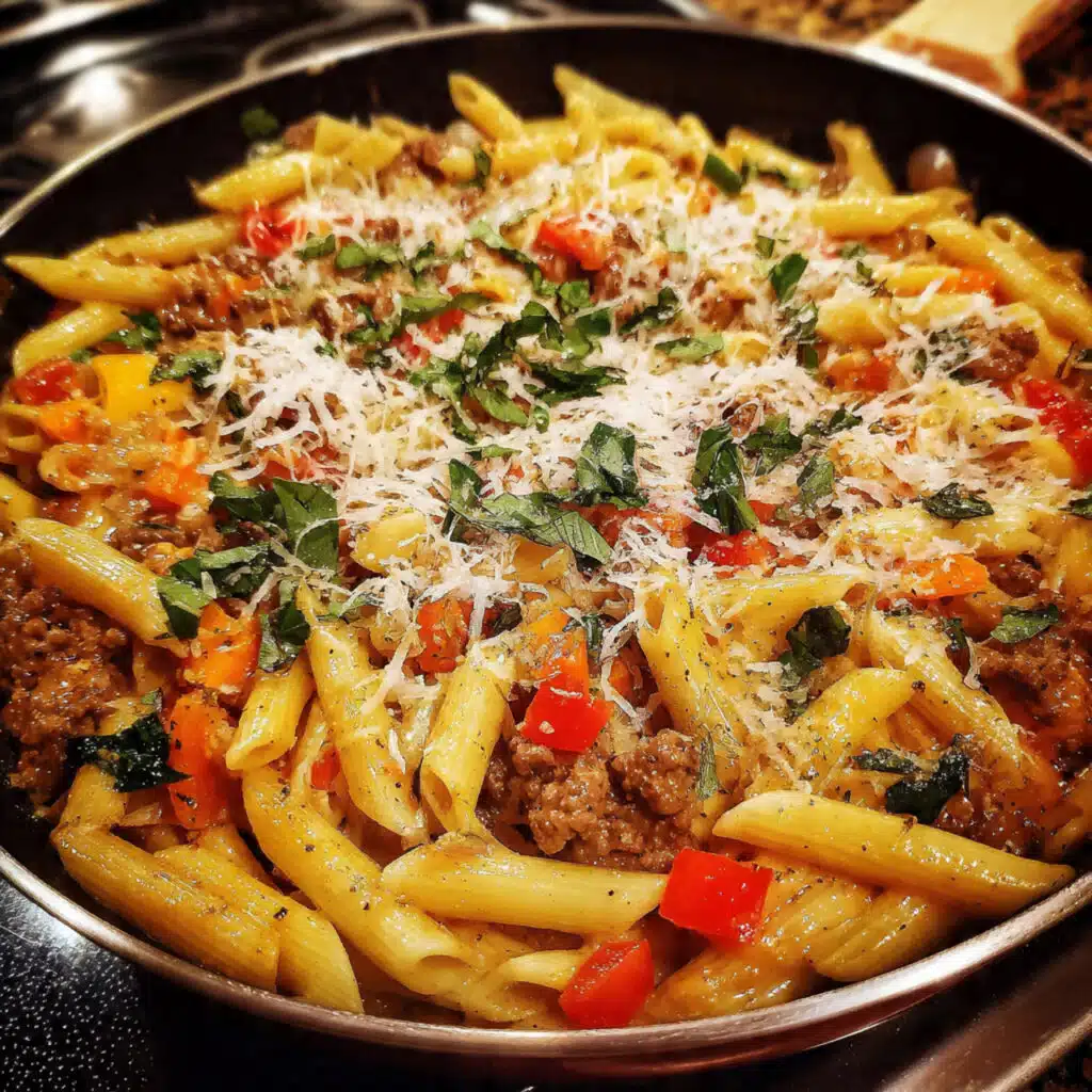 one pot cheesy penne pasta in a cast iron skillet with golden bubbly mozzarella cheese on top, ground beef and vegetables visible throughout the tomato-based sauce, garnished with fresh basil