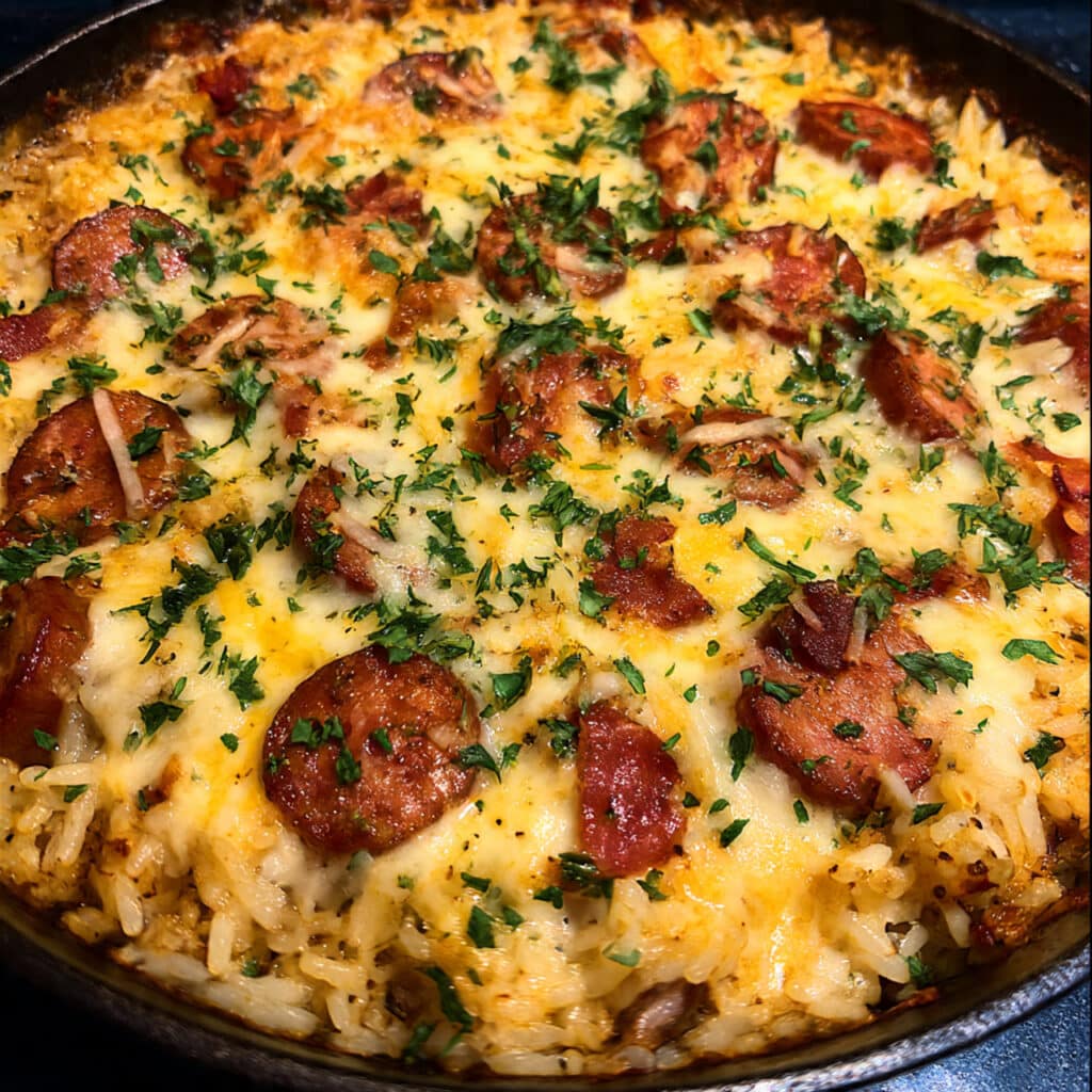 easy one-pot sausage and rice skillet is comfort food at its finest—smoky sausage, fluffy rice, colorful veggies,