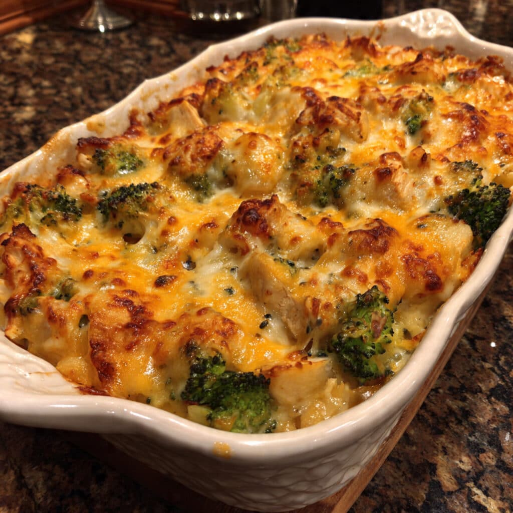 Baked potato chicken and broccoli casserole topped with melted cheese and baked until golden.
