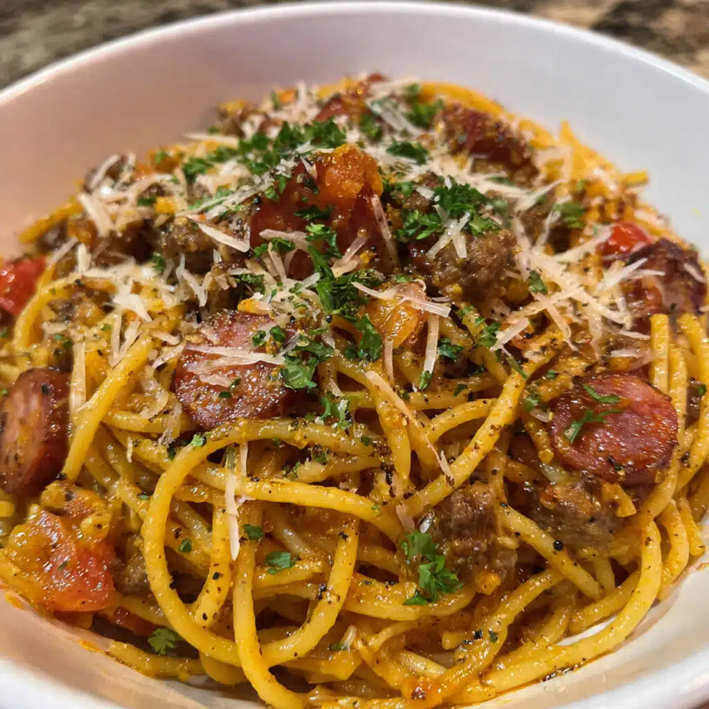  One Pot Cowboy Spaghetti – hearty, meaty, and bursting with flavor! This easy dinner combines bacon, kielbasa, ground beef, and spaghetti all cooked together in one skillet. 