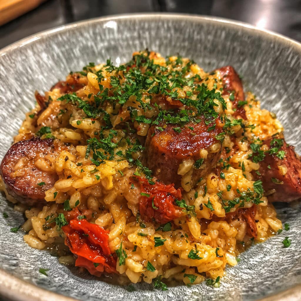easy one-pot sausage and rice skillet is comfort food at its finest—smoky sausage, fluffy rice, colorful veggies,