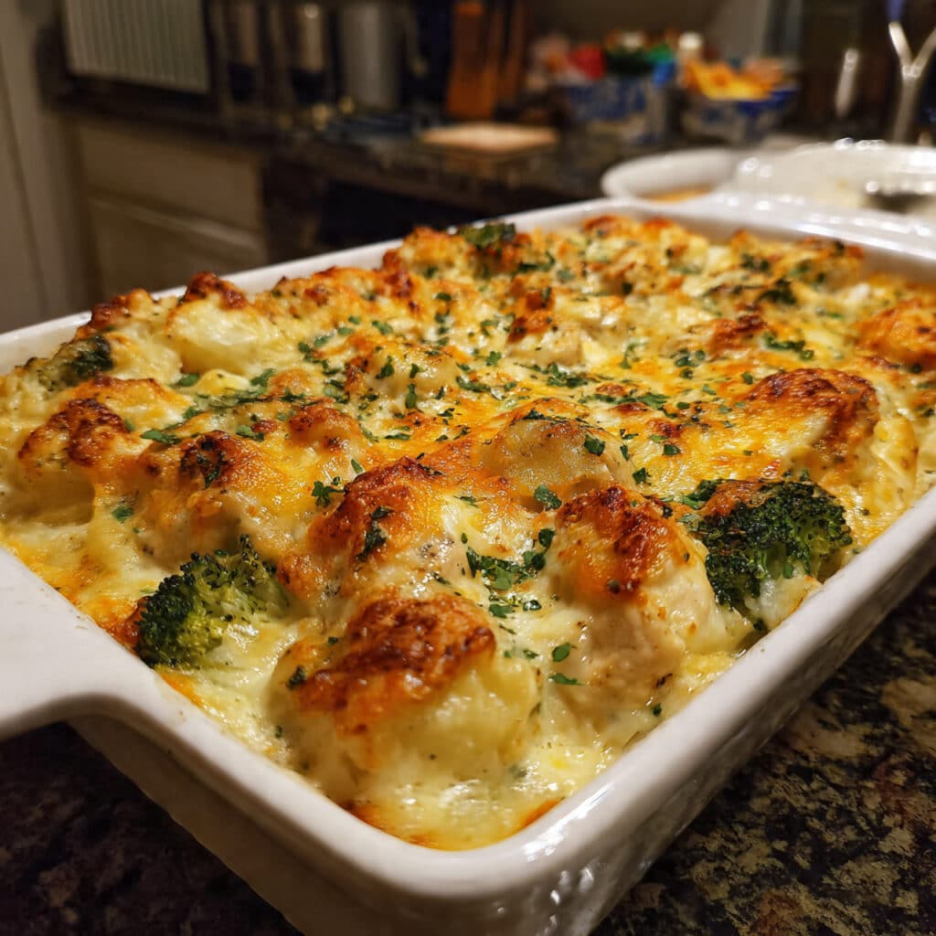 Baked potato chicken and broccoli casserole topped with melted cheese and baked until golden.