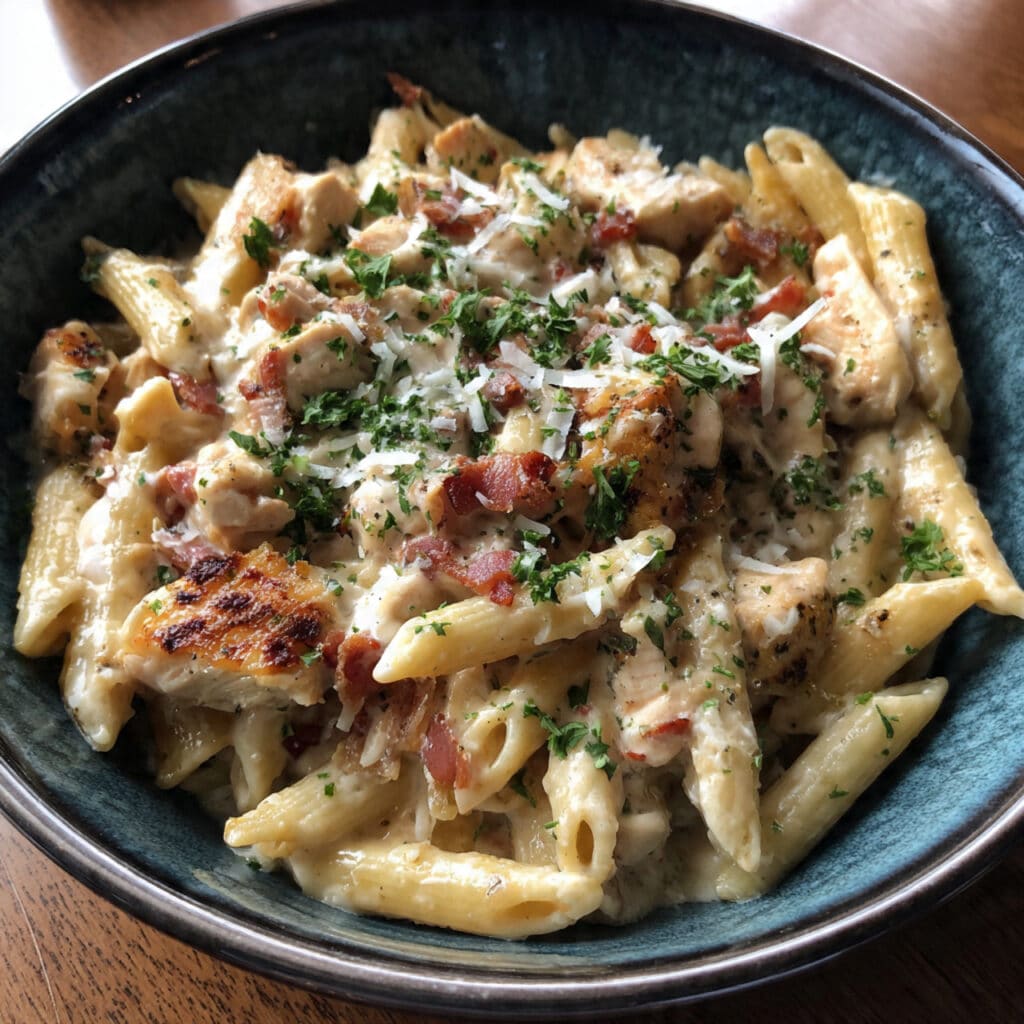 Creamy crack chicken penne in a Dutch oven topped with melted cheddar cheese, crispy bacon bits, and fresh parsley, with a wooden spoon resting in the pot