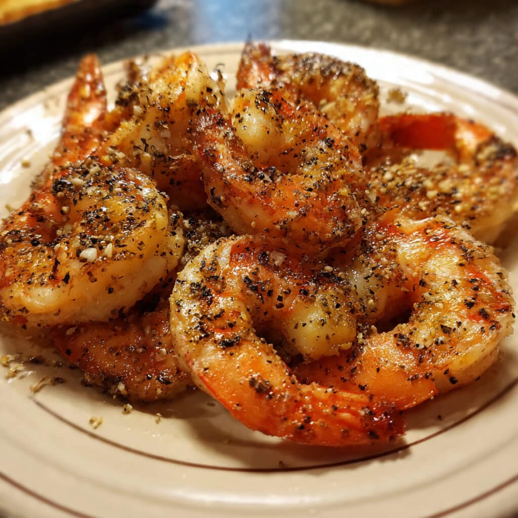 Crispy salt and pepper shrimp garnished with sliced chilies and green onions.