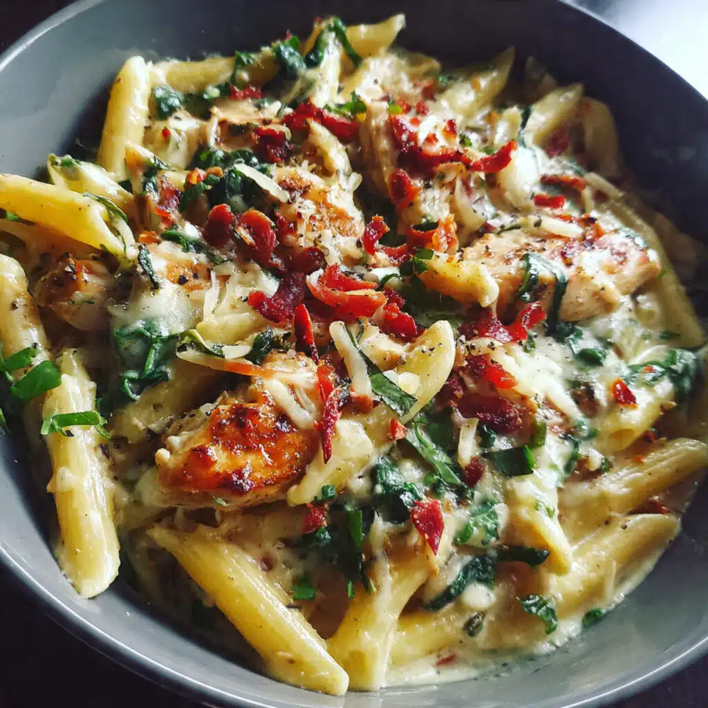 Creamy crack chicken penne in a Dutch oven topped with melted cheddar cheese, crispy bacon bits, and fresh parsley, with a wooden spoon resting in the pot