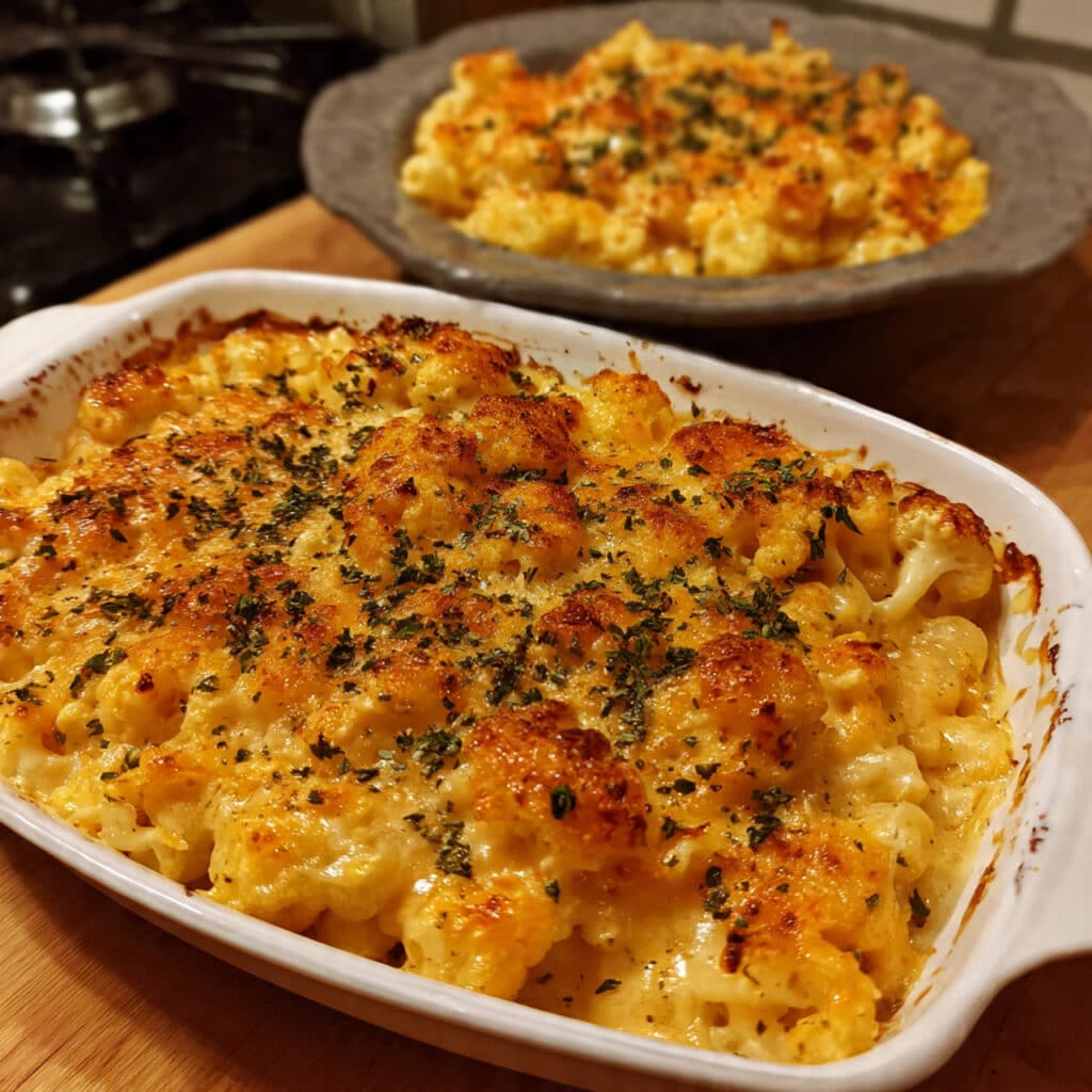 Creamy cauliflower mac and cheese baked with a golden, bubbly cheese topping.