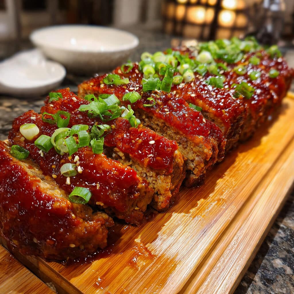 Korean BBQ Meatloaf with sticky apricot-gochujang glaze, sesame seeds, and fresh green onions