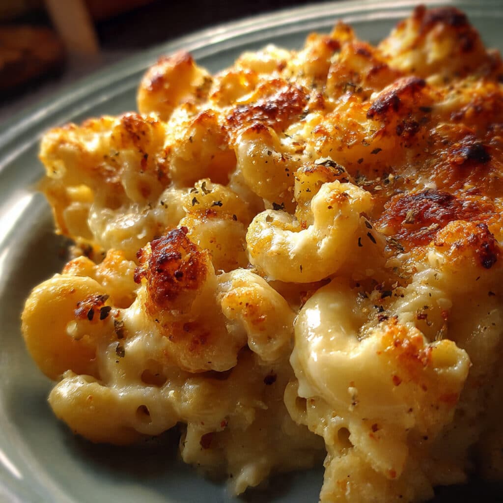 Creamy cauliflower mac and cheese baked with a golden, bubbly cheese topping.