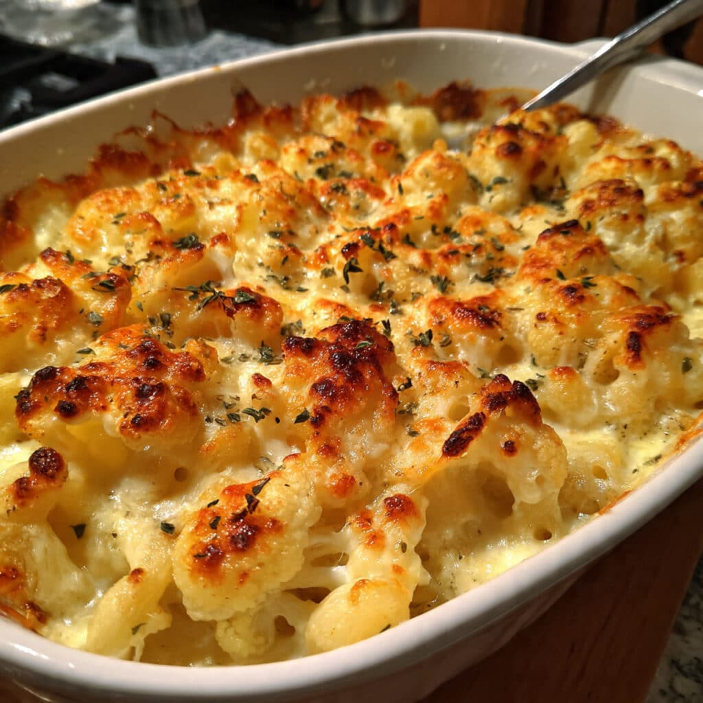 Creamy cauliflower mac and cheese baked with a golden, bubbly cheese topping.