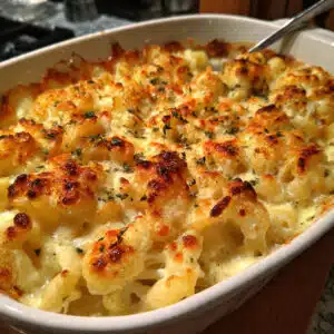 Creamy cauliflower mac and cheese baked with a golden, bubbly cheese topping.