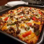 Sheet Pan Ground Beef and Veggie Bakes: Your new favorite healthy weeknight dinner! Roasted vegetables, seasoned beef, and an optional tangy sauce come together in under 40 minutes