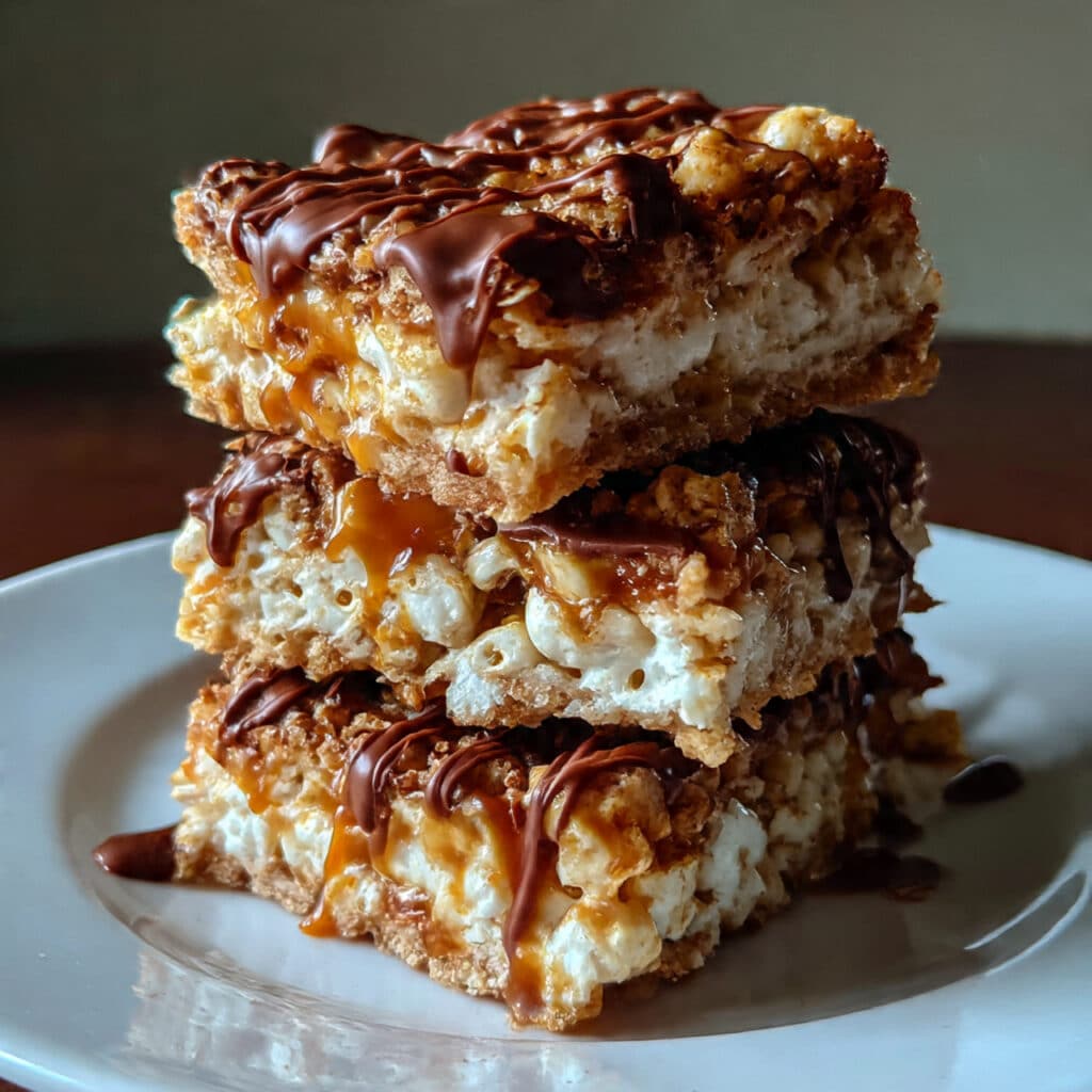 Caramel Turtle Rice Krispies drizzled with chocolate and topped with pecans.