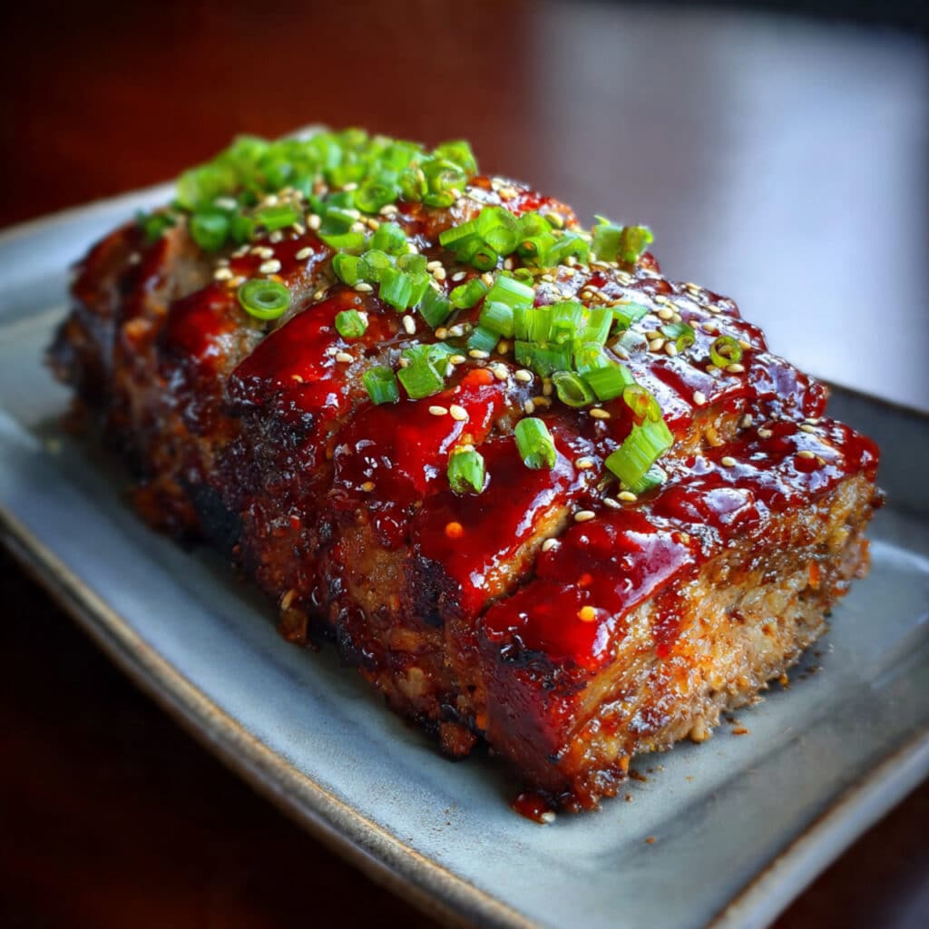 Korean BBQ Meatloaf with sticky apricot-gochujang glaze, sesame seeds, and fresh green onions