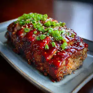Korean BBQ Meatloaf with sticky apricot-gochujang glaze, sesame seeds, and fresh green onions