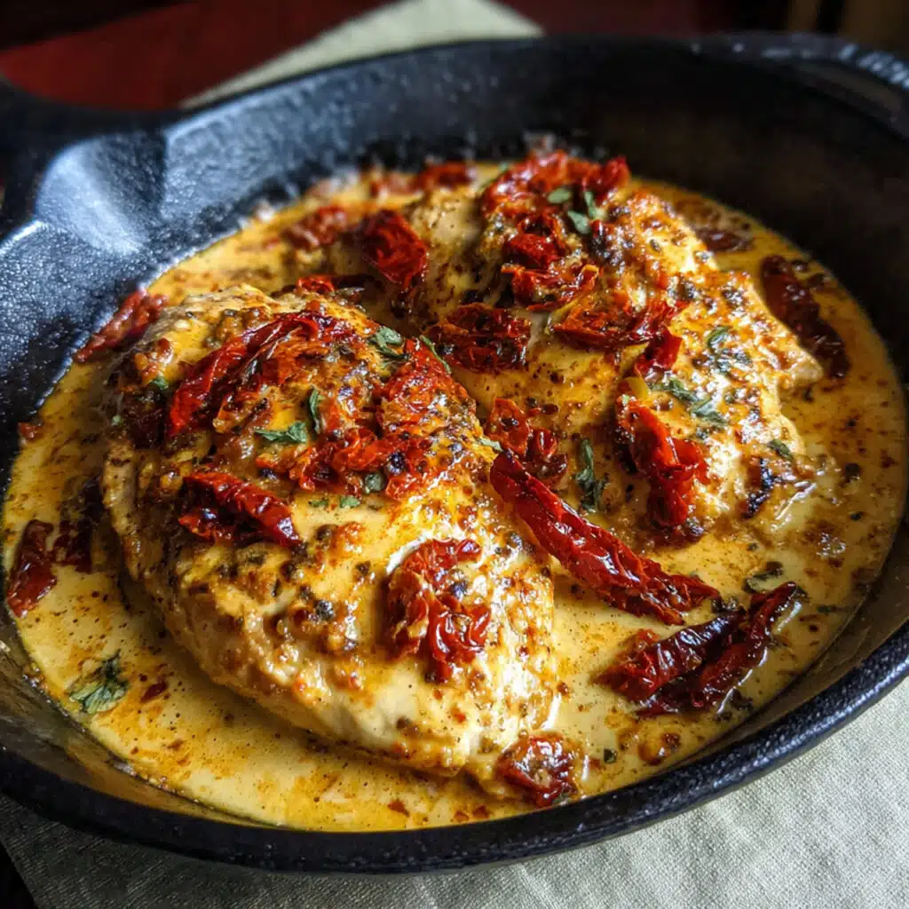 Sun Dried Tomato Chicken with Creamy Garlic Sauce is pure weeknight magic – tender chicken in a luscious Mediterranean