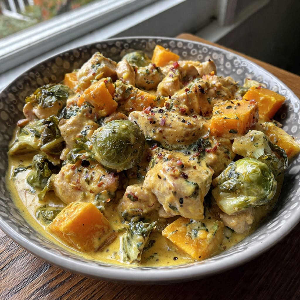 Chicken Brussels Sprouts and Butternut Squash – an easy 30-minute dinner with fall veggies, crispy bacon, and a sweet-tangy balsamic glaze