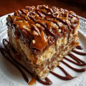 Caramel Turtle Rice Krispies drizzled with chocolate and topped with pecans.