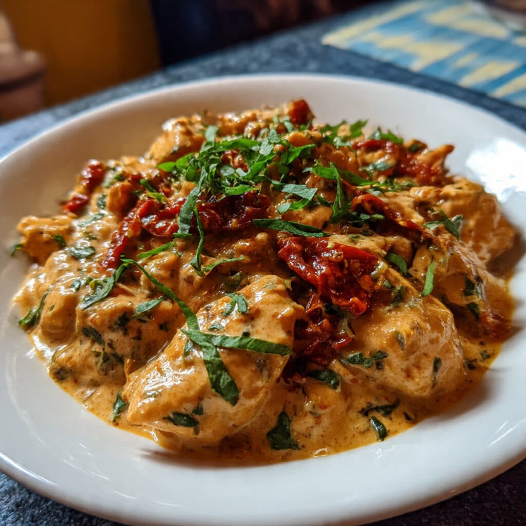 Sun Dried Tomato Chicken with Creamy Garlic Sauce is pure weeknight magic – tender chicken in a luscious Mediterranean
