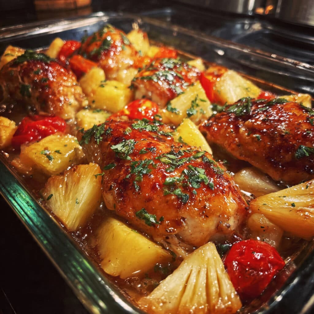 Hawaiian chicken sheet pan with colorful bell peppers, golden pineapple chunks, and red onion glazed in sweet soy-ginger sauce on a baking sheet
