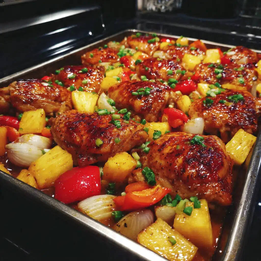 Hawaiian chicken sheet pan with colorful bell peppers, golden pineapple chunks, and red onion glazed in sweet soy-ginger sauce on a baking sheet
