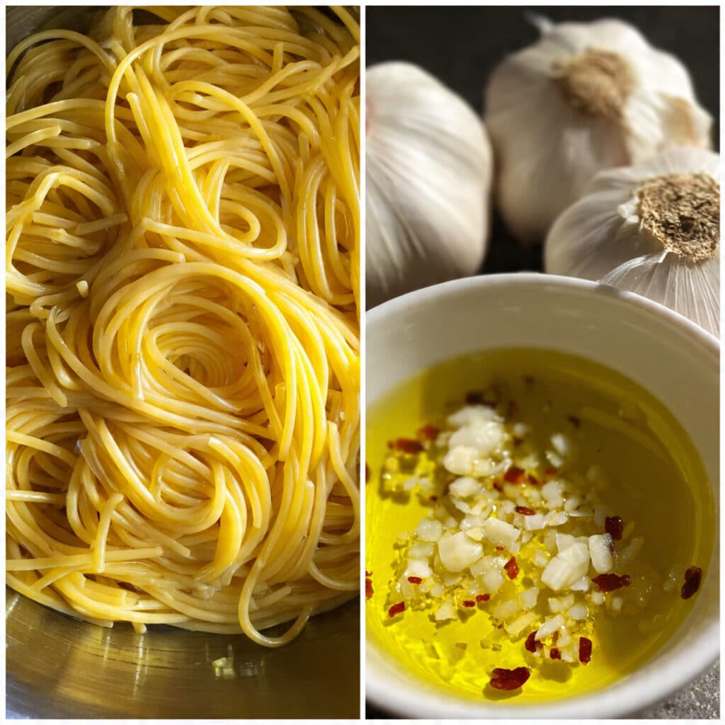 Spaghetti aglio e olio tossed with garlic, olive oil, red pepper flakes, and parsley