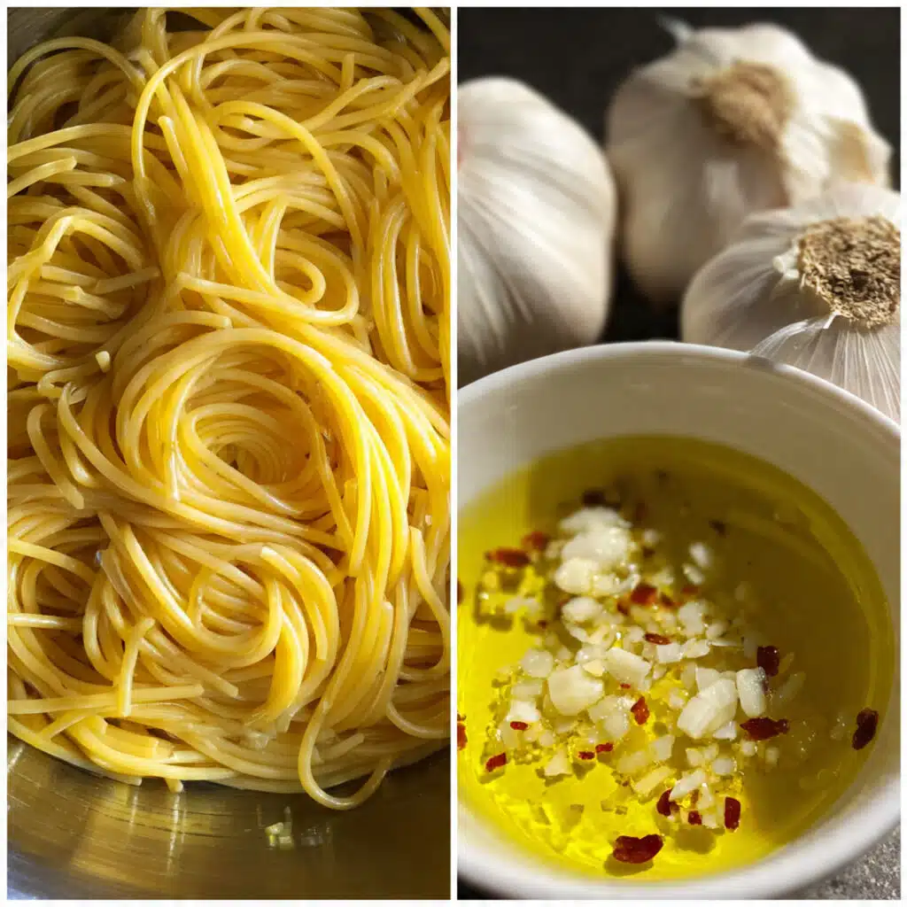 Spaghetti aglio e olio tossed with garlic, olive oil, red pepper flakes, and parsley