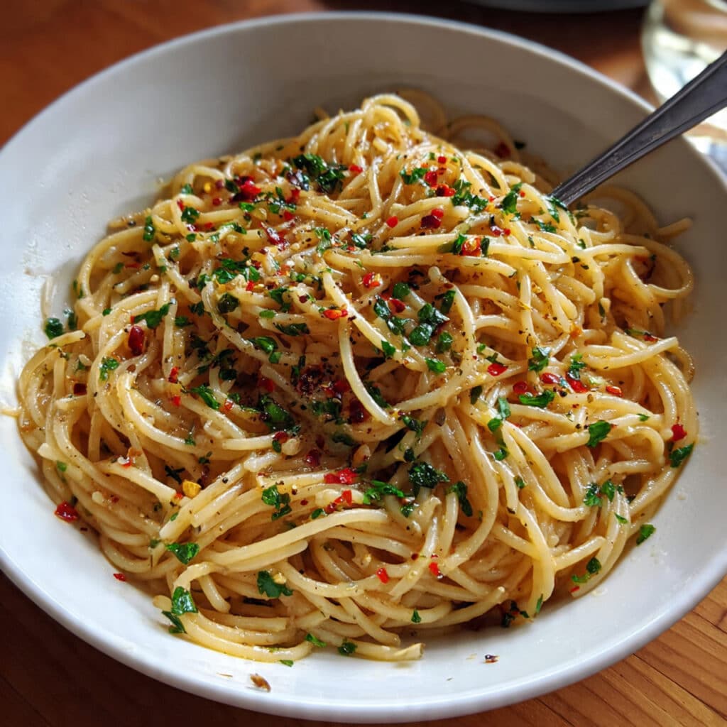 Spaghetti aglio e olio tossed with garlic, olive oil, red pepper flakes, and parsley