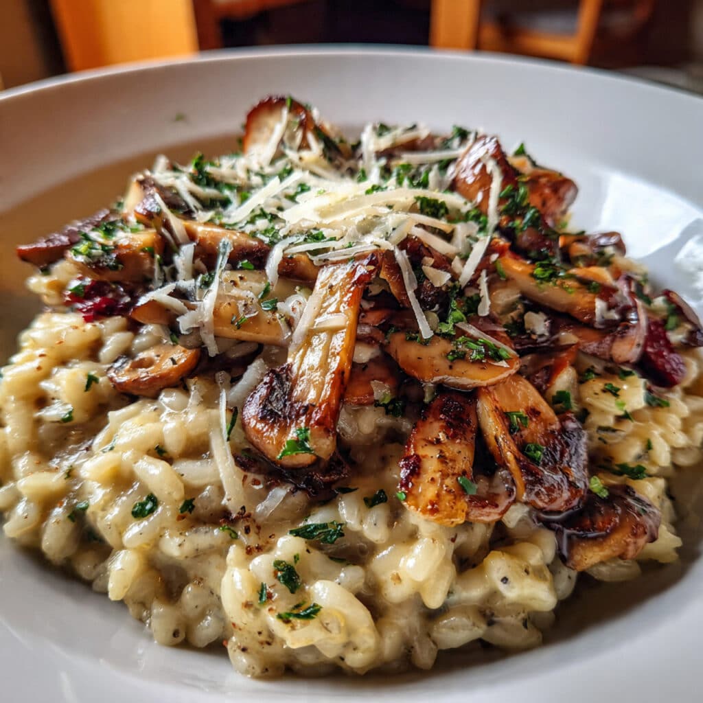creamy bowl of wild mushroom risotto garnished with fresh parsley, shaved Parmesan cheese, and black pepper, served in a white bowl with a spoon