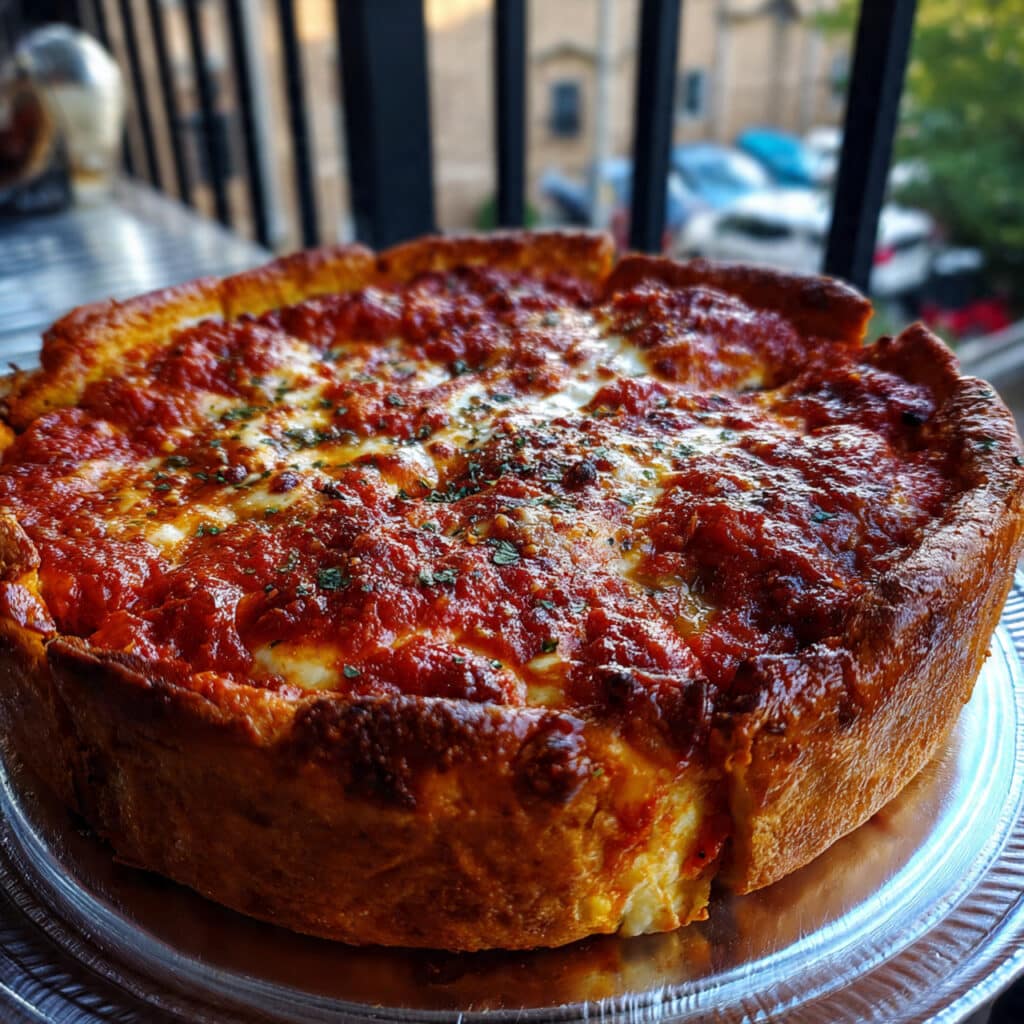 Chicago Style Deep Dish Pizza with buttery cornmeal crust, layers of gooey mozzarella, pepperoni, and chunky herb-infused tomato sauce