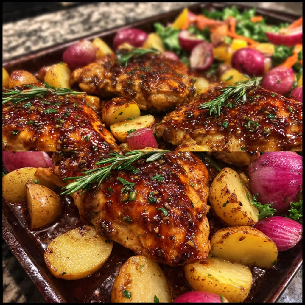 Honey Dijon chicken baked until golden and glazed with a sweet, tangy sauce.