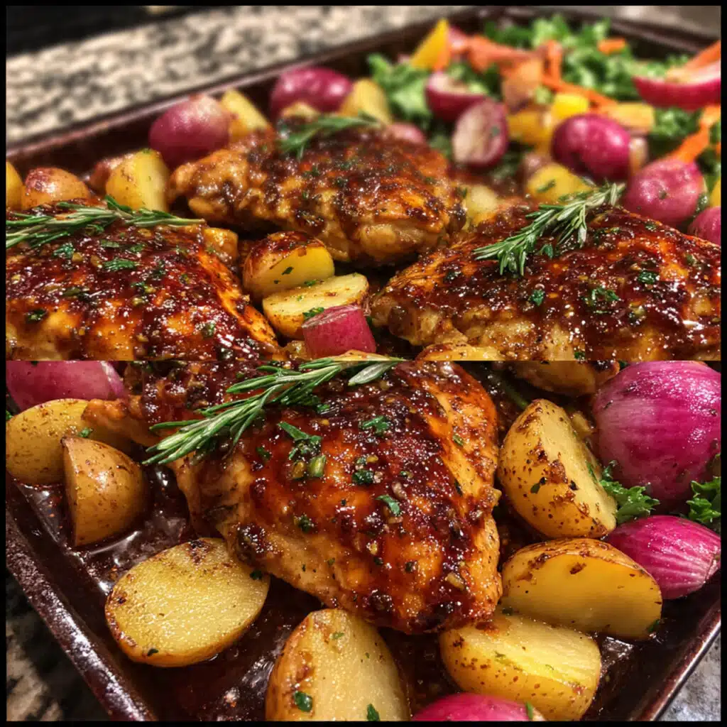 Honey Dijon chicken baked until golden and glazed with a sweet, tangy sauce.