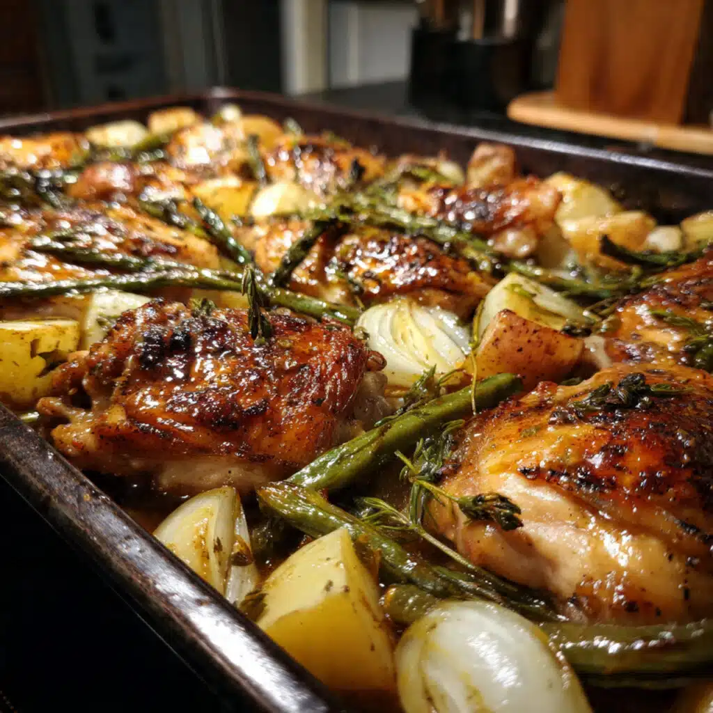Honey Mustard Chicken with Roasted Potatoes and Green Beans! This complete dinner cooks on one sheet pan with minimal cleanup. Sweet and tangy honey mustard chicken, crispy garlic potatoes, and perfectly cooked green beans
