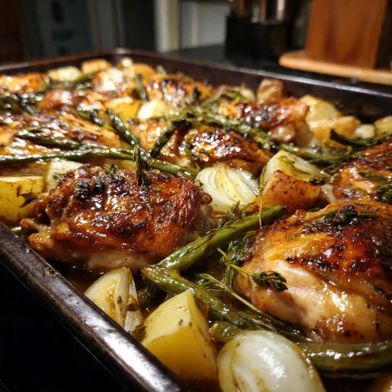 Honey Mustard Chicken with Roasted Potatoes and Green Beans! This complete dinner cooks on one sheet pan with minimal cleanup. Sweet and tangy honey mustard chicken, crispy garlic potatoes, and perfectly cooked green beans