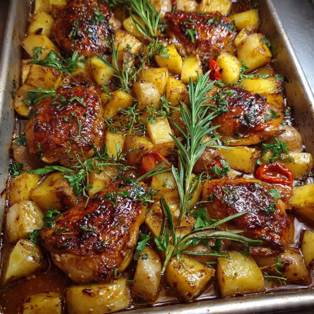 Honey Mustard Chicken with Roasted Potatoes and Green Beans! This complete dinner cooks on one sheet pan with minimal cleanup. Sweet and tangy honey mustard chicken, crispy garlic potatoes, and perfectly cooked green beans