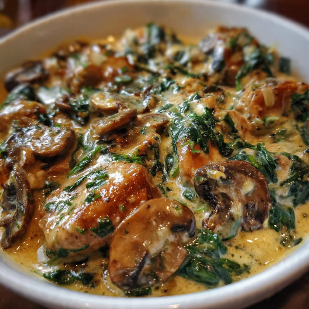 Spinach mushroom chicken in a creamy sauce with tender chicken breasts and sautéed mushrooms.