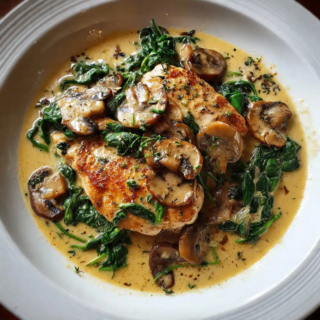 Easy One Pan Spinach Mushroom Chicken 7 Spinach mushroom chicken in a creamy sauce with tender chicken breasts and sautéed mushrooms.