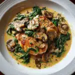Spinach mushroom chicken in a creamy sauce with tender chicken breasts and sautéed mushrooms.