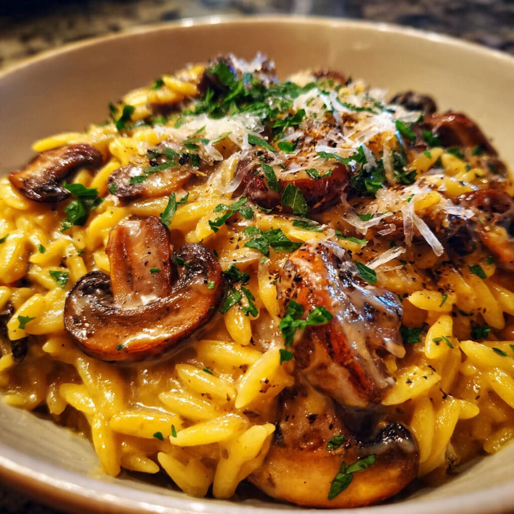 Creamy mushroom orzo cooked with sautéed mushrooms, garlic, and fresh herbs.